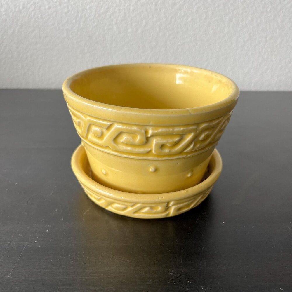 Vintage 1940s McCoy Greek Key Planter // Yellow Glaze // Attached Saucer 4.75"